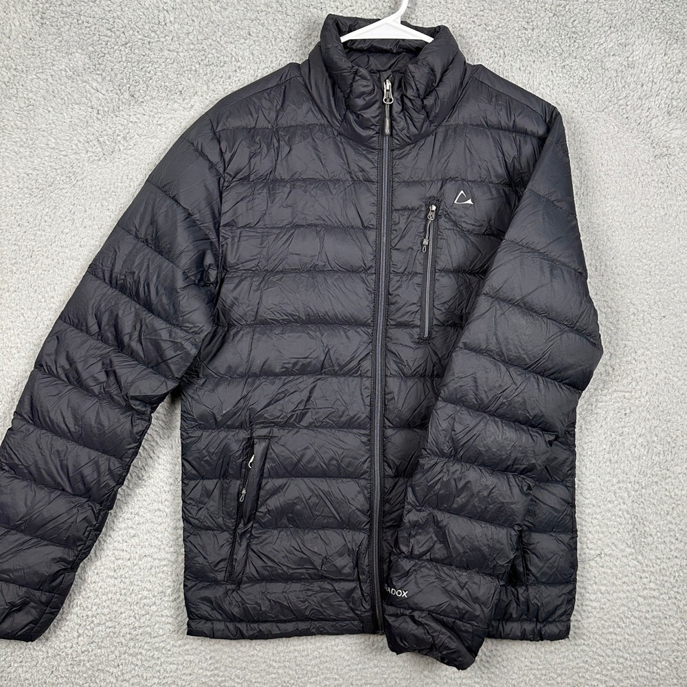 Paradox Mens Small Jacket Puffer Black Duck Down Lightweight Pocket Full Zip EUC